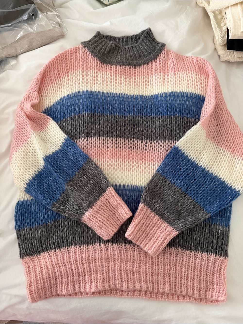 Tularosa Striped Cowlneck Sweater in Pink, Blue & Gray